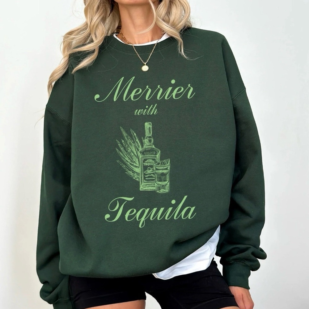 Women’s Gildan Dark Green Merrier With Tequila Graphic Crewneck Sweatshirt Sz M